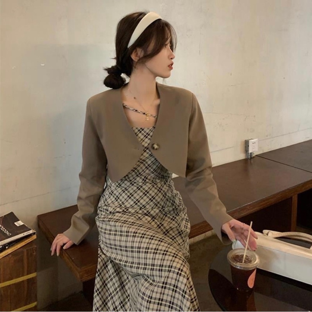 French retro temperament plaid suspender dress small suit two-piece suit